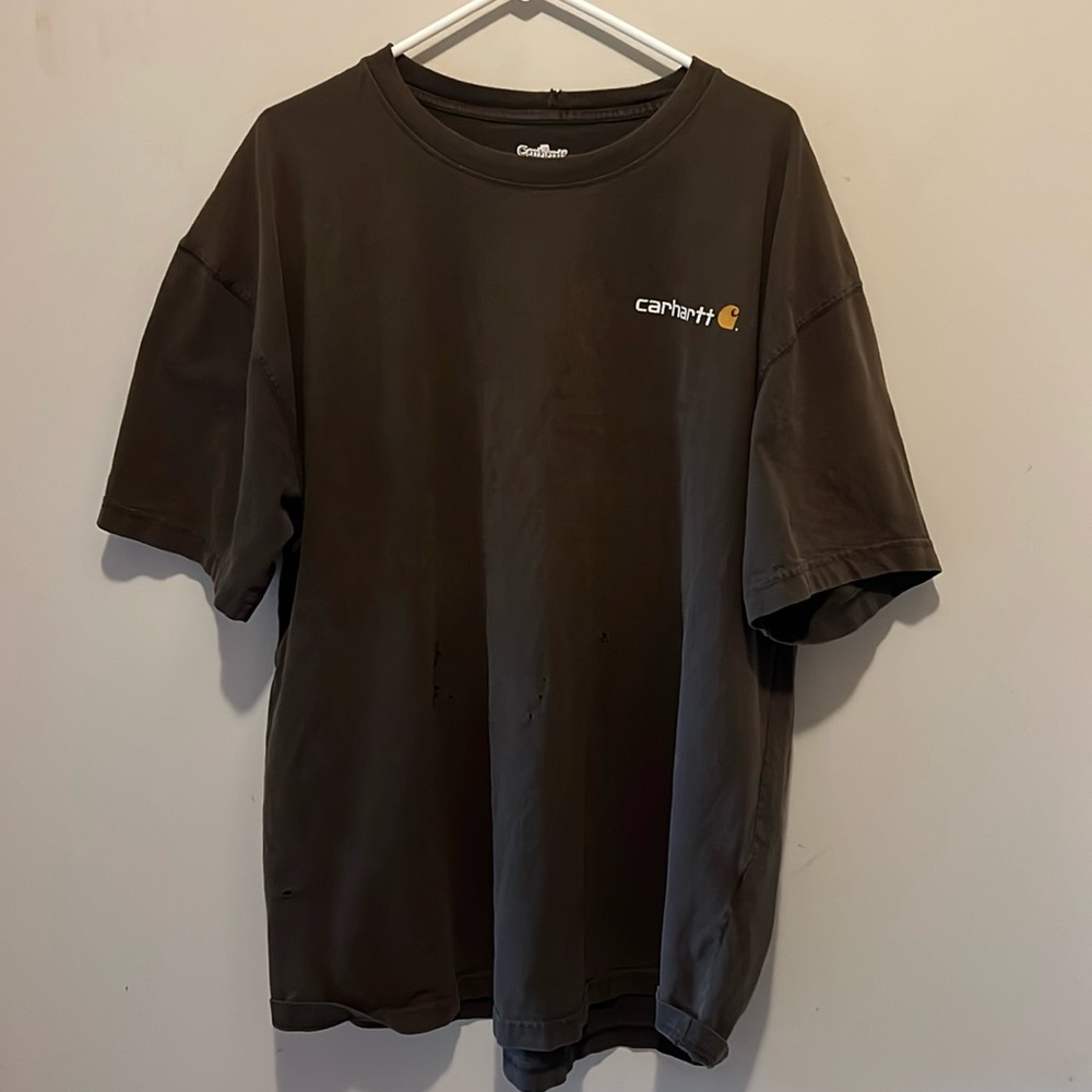 Men’s Vintage Carhartt Graphic Design Short Sleeve Shirt Size 2XL Brown